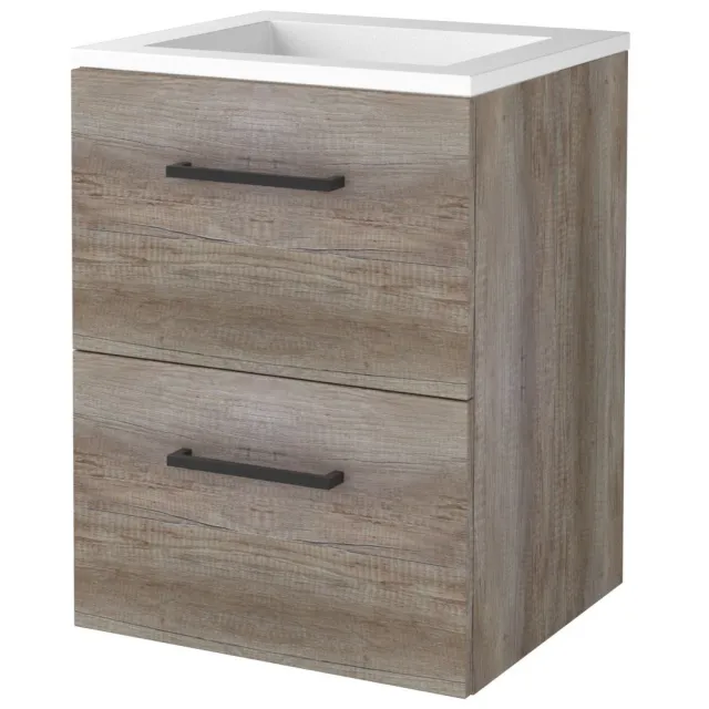Boss & Wessing Badmeubelset BWS Salt 50x46cm Met Grepen 2 Lades Met Wastafel Acryl Scotch Oak Bruin