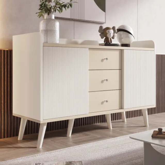 in& out door furniture Dressoir met drie lades, prachtige nerf. Dressoir voor slaapkamer en woonkamer, modern dressoir in houtkleur met opbergplanken. L117,5 cm. wit
