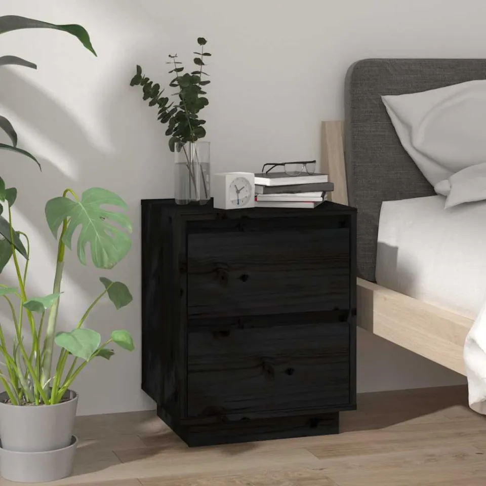 vidaXL Nachtkastjes 2 st 40x35x50 cm massief grenenhout zwart, foto 2