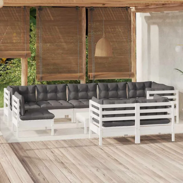 vidaXL 10-delige Loungeset met kussens massief grenenhout wit, foto 2