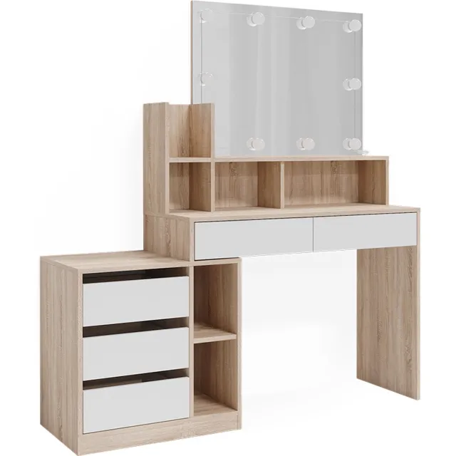 Vicco Kaptafel Anja, Wit/Sonoma, 139.8 cm met spiegel en LED-lichtslinger