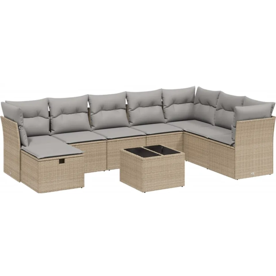 vidaXL 9-delige Loungeset met kussens poly rattan gemengd beige