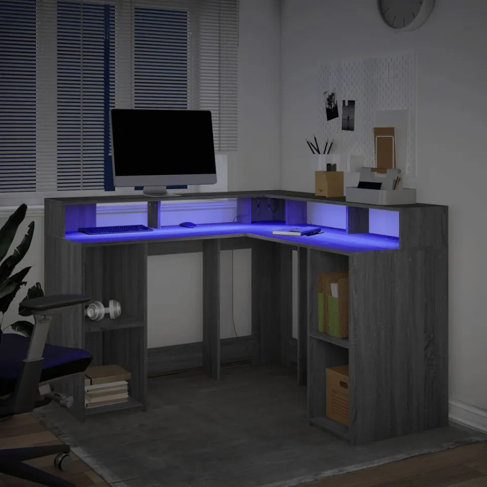 vidaXL Bureau met LED-verlichting 130x130x91 cm hout grijs sonoma, foto 4