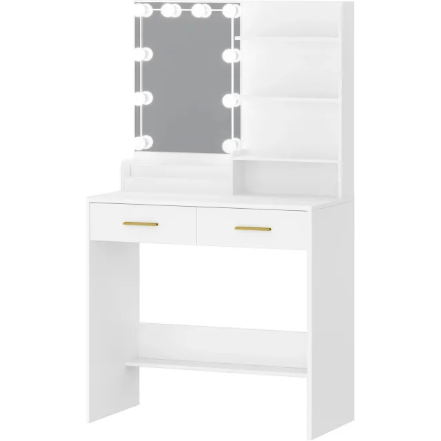 Atlasyx tafel - Make up - Kaptafel - Met spiegel en verlichting - Makeuptafel - Bureau - 2 Laden - 80 x 40 x 140 cm - Wit