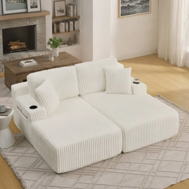 Welltin Slaapbank 2 persoons - 2-Zits Relaxbank - Slaapbank - Lounge Sofa - Zachte Corduroy Bekleding - Bekerhouder - Zijvak voor Tijdschriften - Inclusief Kussens - Multifunctioneel - Beige