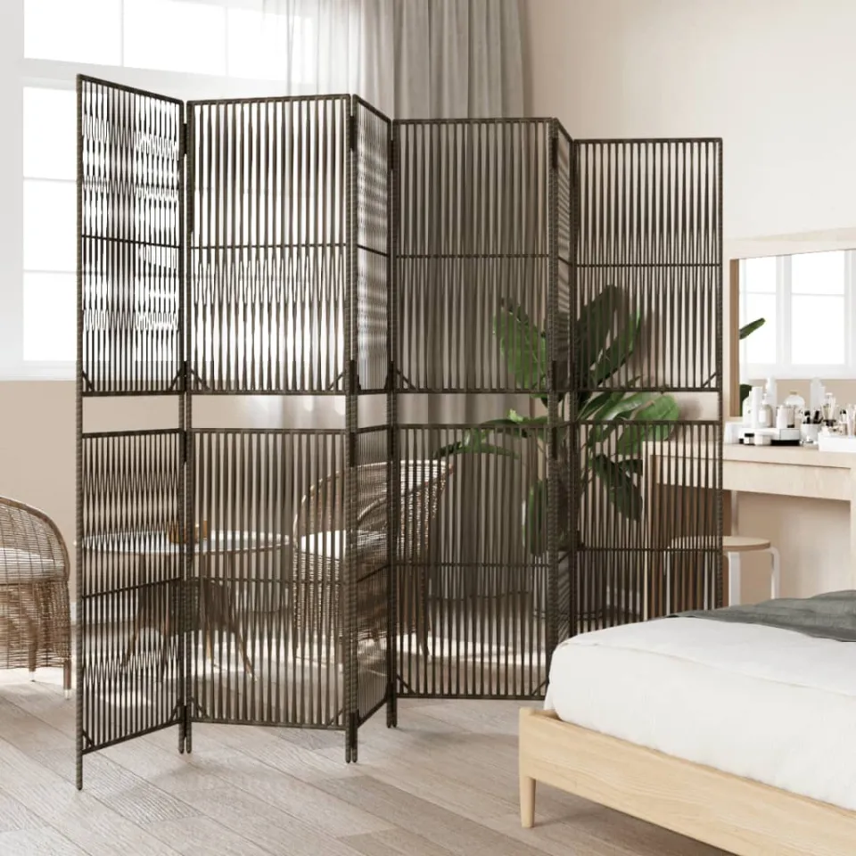 vidaXL Kamerscherm 6 panelen poly rattan grijs, foto 4
