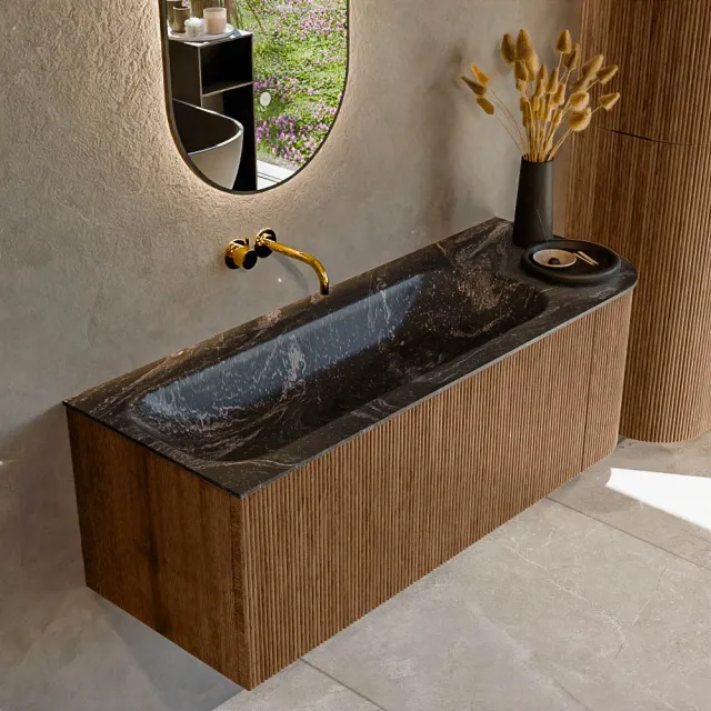 Mondiaz KURVE-DLUX 125 cm Onderkast Greeploos 1 Lade Met Deuren Walnut, Wastafel Solid Surface Links Lava 0 Kraangaten Zonder Spiegel (KRVBGM125R1L1D0KL-Wal/Lav)