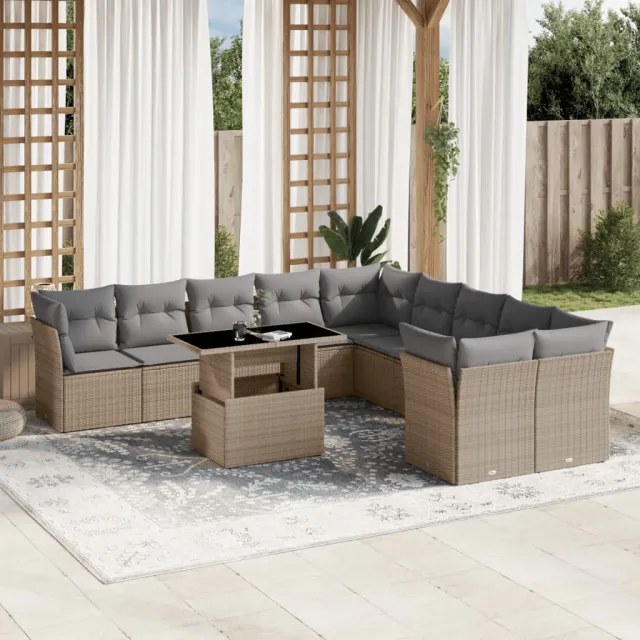 vidaXL 11-delige Tuinset met kussens poly rattan beige, foto 2