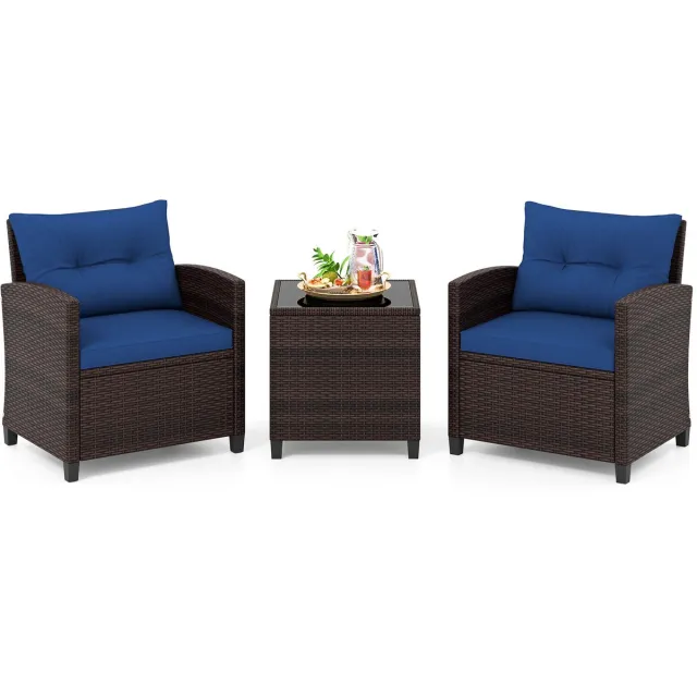 Costway Tuinset van rotan, 3-delige balkonset bestaande uit 2 fauteuils, kussens en een tafel met blad van gehard glas, kleine balkonset, weerbestendige zitgroep voor 2 personen (pauwblauw)