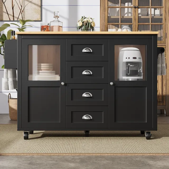 STILVORA Keukeneiland - Uitbreidbare Keukenwagen Met Klaptafel En Wielen - 2 Deuren 4 Lades - Haak En Kruidenrek - MDF;Metaal - 137,9x73x92,5 cm - Zwart