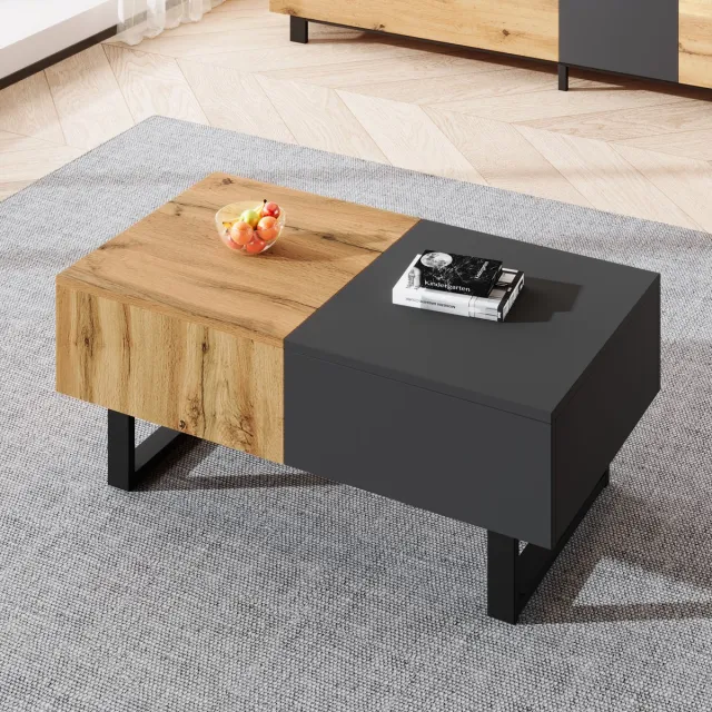HAUSS SPOLE Salontafels - Koffietafel Met Verstelbare Lade En Verborgen Opbergruimte - Praktisch Voor Woonkamer - Rechthoekig - 155x55x40 cm - Spaanplaat - Zwart