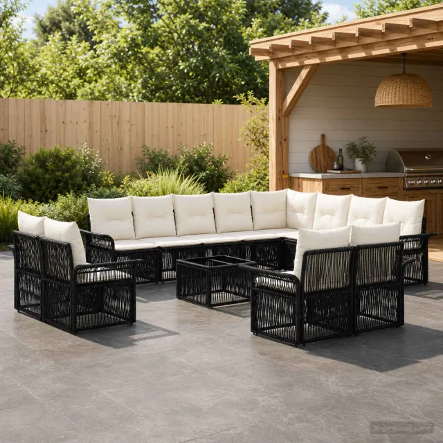 vidaXL Tuinbankenset 13 st Zwart en Cream Wit poly rattan, foto 2