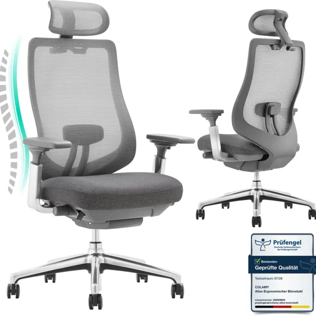 COLAMY Atlas Bureaustoel – Ergonomische Bureaustoel met 4D-Armleuningen – Verstelbare Zitting – Donkergrijs