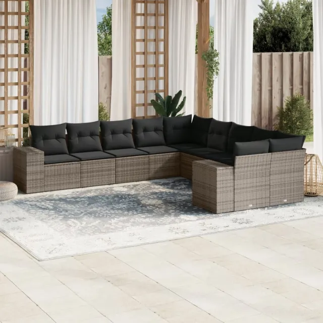 vidaXL 10-delige Loungeset met kussens poly rattan grijs, foto 2
