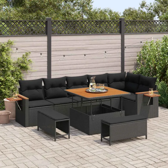 vidaXL Tuinbankenset 9 st Zwart poly rattan, foto 2