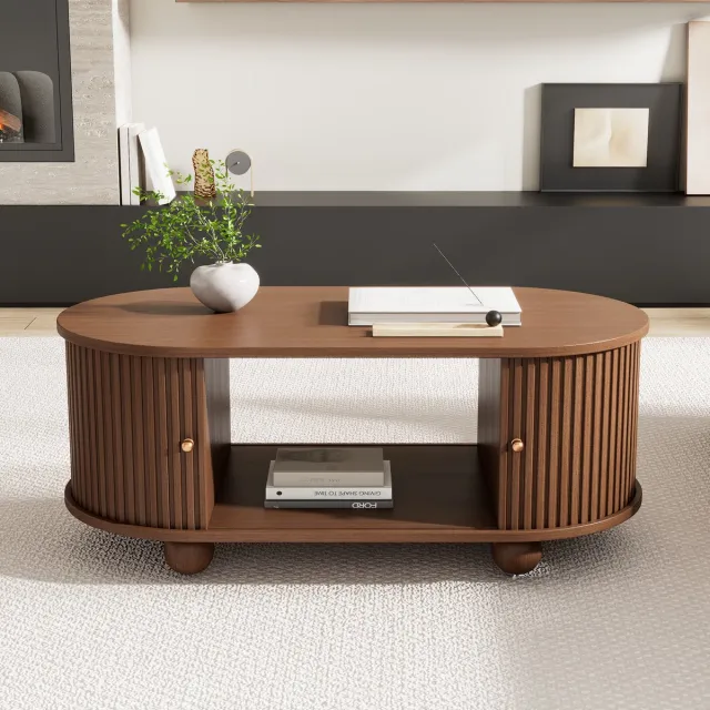 MUVANO Ovale salontafel walnoot - Salontafel met schuifdeuren - Ruimtebesparende salontafel - 100x50x40 cm - Met opbergruimte - Woonkamer Walnootkleur