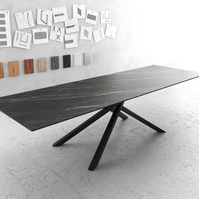 DELIFE Eettafel Edge Laminam® keramiek bruin 300x100cm middenvoet kruis zwart