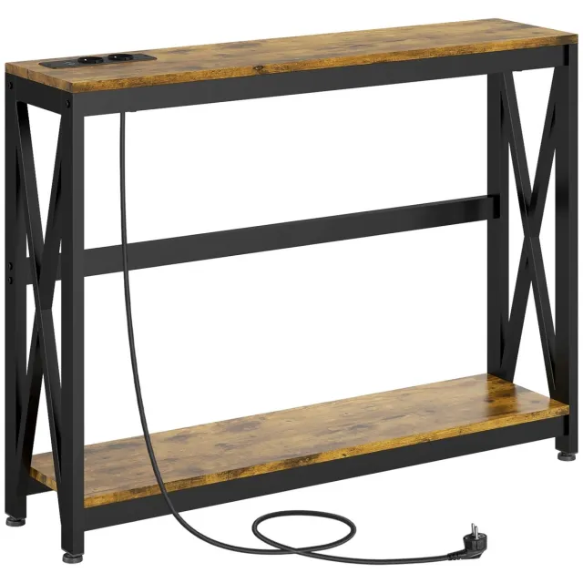 DeltaMerch Sidetable - Console tafel - Wandtafel - Incl. Laadstation - Tot 60KG - 100 x 24 x 75 CM - Rustiek Bruin met Zwart