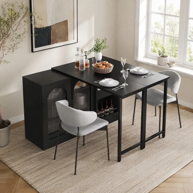 WUVRIE Bartafel 121,5 x 40 x 76,7 cm - 360° draaibaar en uitklapbaar - Opbergruimte - Zwart