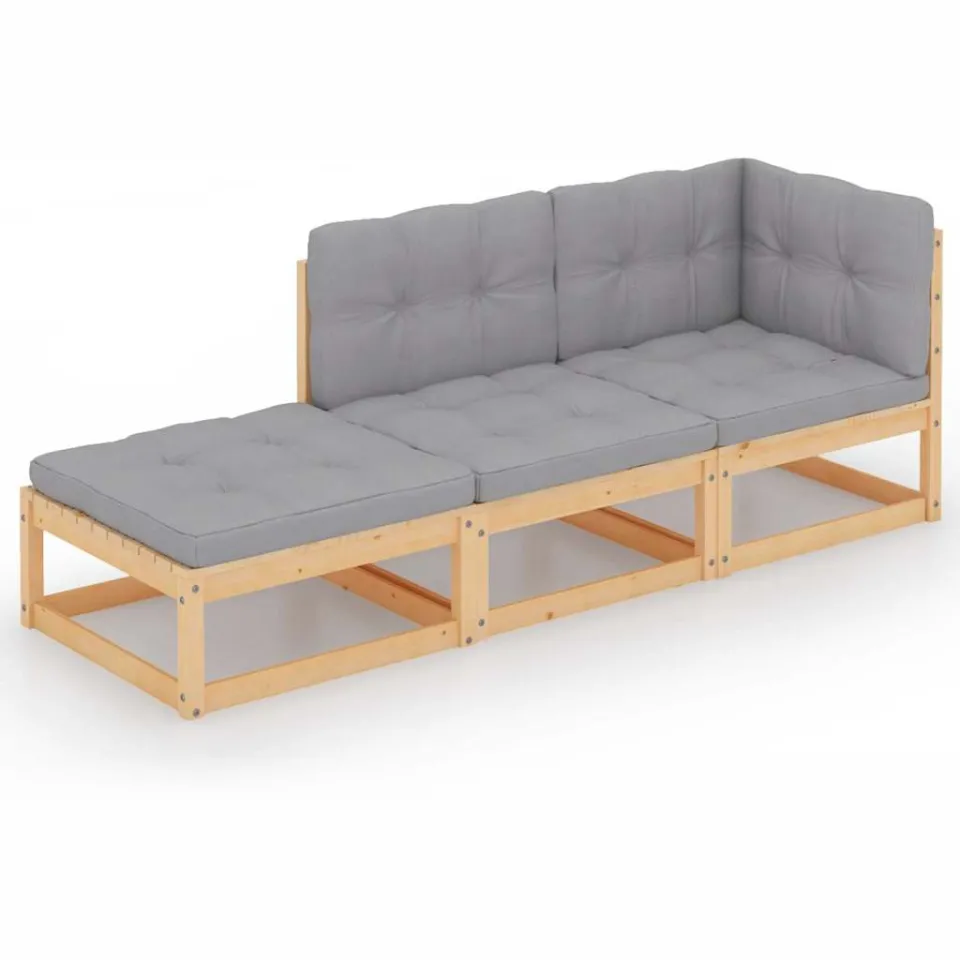 vidaXL 3-delige Loungeset met kussens massief grenenhout Grijs