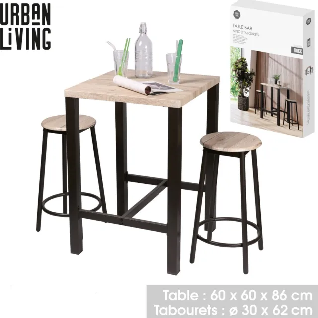 Urban Living "DOCK" bartafelset met 2 barkrukken - 60x60xH86 cm en 30x30xH62 cm mat bruin en natuurlijke eikenlook