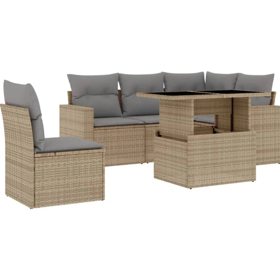 vidaXL 6-delige Loungeset met kussens poly rattan beige, foto 3