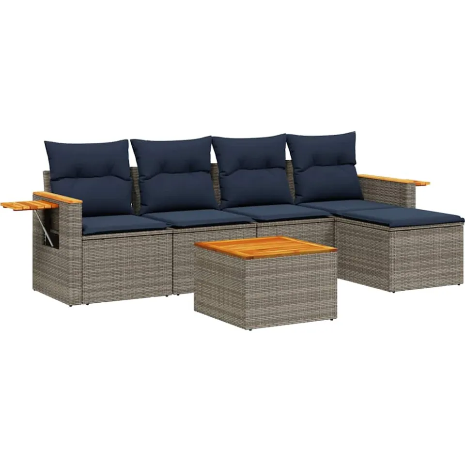 vidaXL 6-delige Loungeset met kussens poly rattan grijs, foto 3