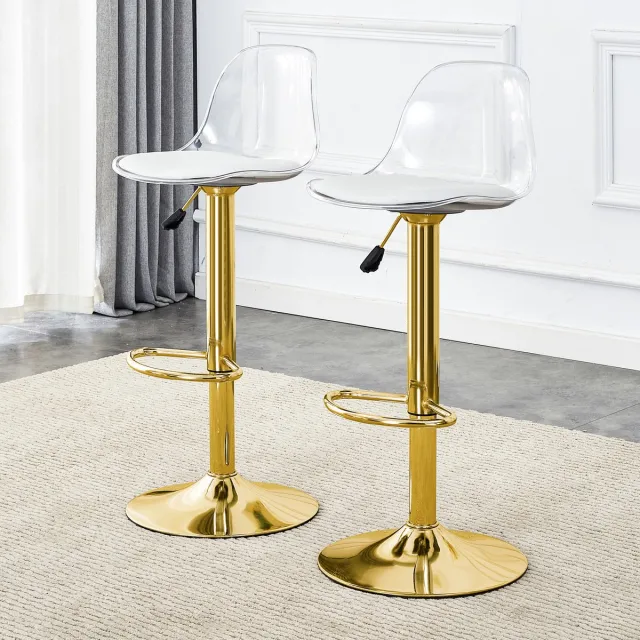 Wishdor Set Van 2 Barkrukken - Verstelbare Hoogte, 360 Graden Draaibare Zitting En Transparante Rugleuning - Minimalistisch Ontwerp Voor Bar Of Keukeneiland - Metaal En Kunststof - Goud En Transparant - 82-104 Cm Goud, Transparant
