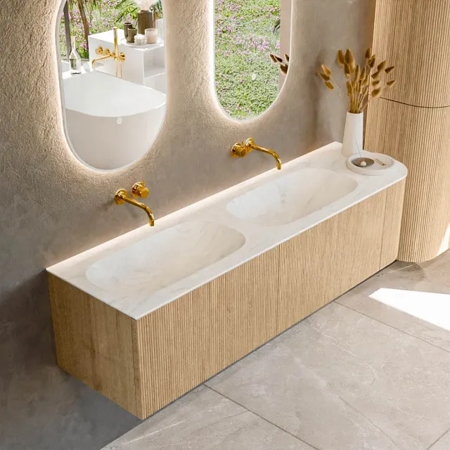 Mondiaz KURVE-DLUX 165 cm Onderkast Greeploos 2 Lades Met Deuren Oak, Wastafel Solid Surface Links Opalo 0 Kraangaten Zonder Spiegel (KRVSTS165R2L1D0KD-Oak/Opa)