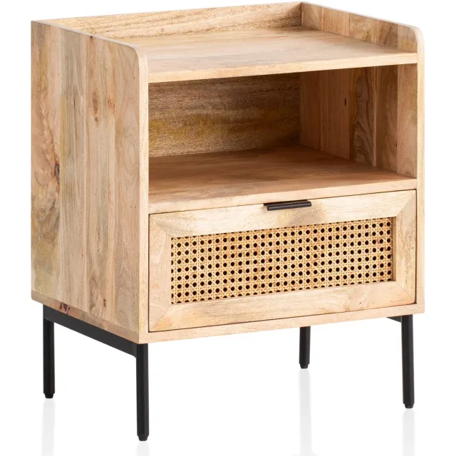 Ervesto Nachtkastje WL6.806 - Mango Massief Hout En Rotan - 50x60x40 Cm - Bruin - Boxspring Nachtkastje - Met Lade En Open Opbergruimte - Metalen Frame