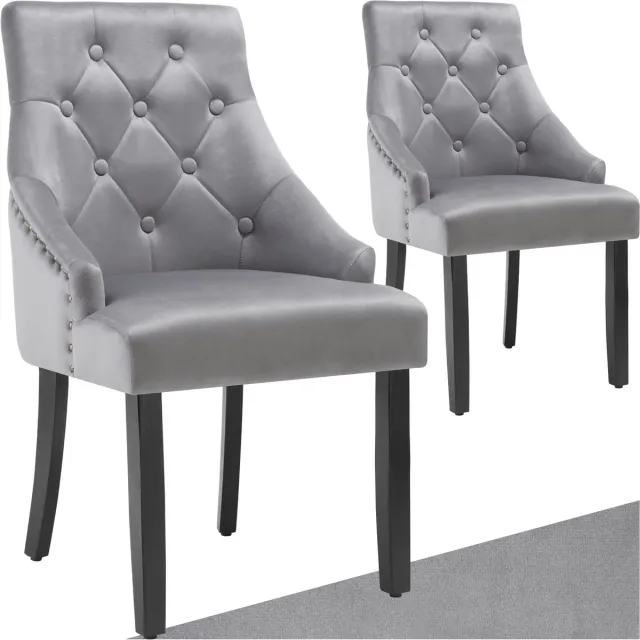 Tectake Set van 2 Eetkamerstoelen Everdeen - Fluweellook - Gestikt Patroon - Met Armleuningen - Draagkracht 150 kg - Massieve Houten Poten - Stoel voor de Woonkamer, Eetkamer, Keuken - Grote Rugleuning - Lichtgrijs / zwart