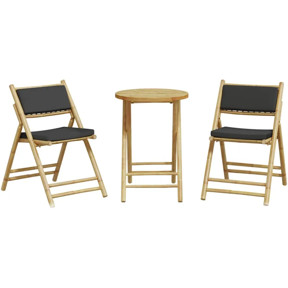 vidaXL 3-delige Bistroset inklapbaar met kussens bamboe donkergrijs bruin, foto 4