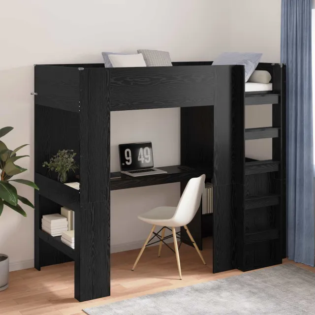 vidaXL Loft Bedframe met Bureau Zwart Eiken 90 x 190 cm Bewerkt hout