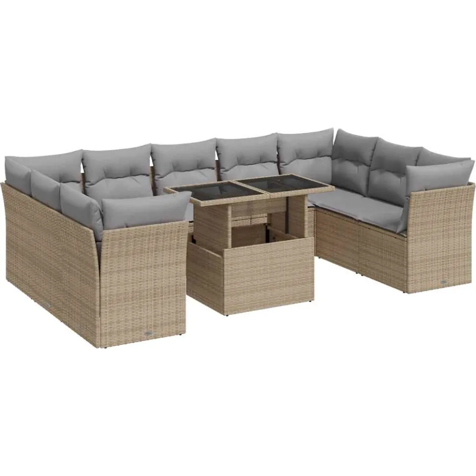 vidaXL 10-delige Loungeset met kussens poly rattan beige, foto 3