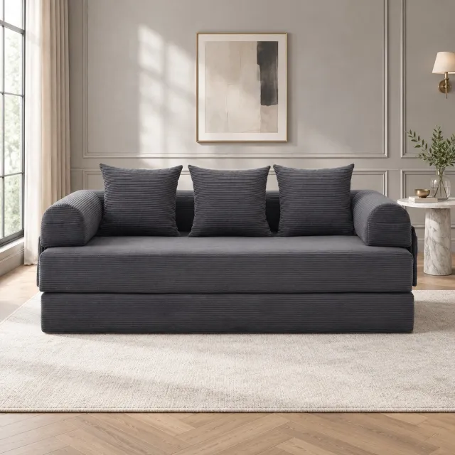 WUVRIE 3-zits slaapbank 200x94x67 cm - Uitklapbaar met zijvak en 3 kussens - Donkergrijs