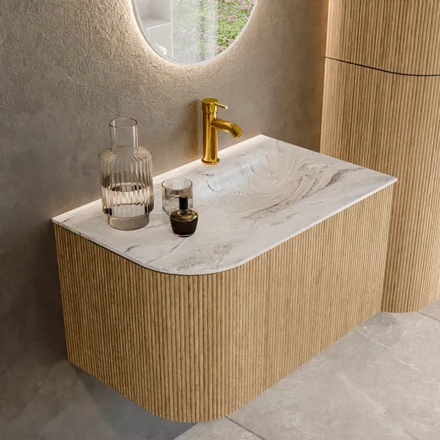 Mondiaz KURVE-DLUX 75 cm Onderkast Greeploos 1 Lade Met Deuren Oak, Wastafel Solid Surface Rechts Glace 1 Kraangat Zonder Spiegel (KRVGRU75L1L1D1KR-Oak/Gla)