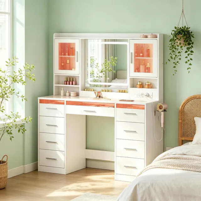 REDOM Kaptafel Met Spiegel En Verlichting - Modern - Voor Slaapkamer - Hout En Glas - Wit - 110 x 40 x 140 cm