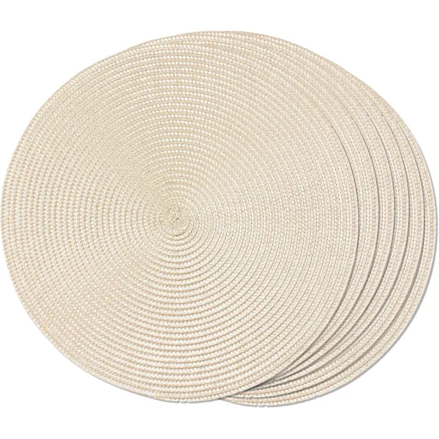 SNQ Ronde Geweven Tafelonderleggers Set van 6 - 38 cm Diameter - Wasbaar en Niet-glijdend - Beige Gebreid Design - Geschikt voor Eettafel en Keukentafel - Stijlvolle Tafeldecoratie voor Thuisgebruik Gebroken wit