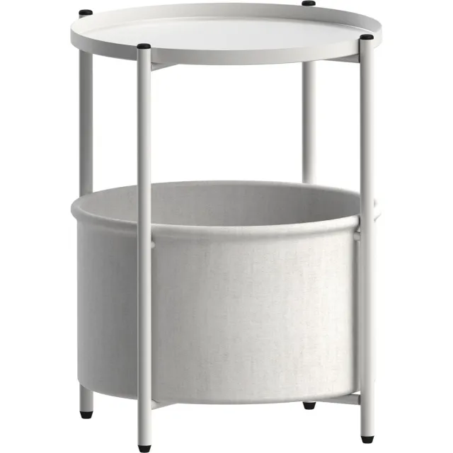 ml-design bijzettafel rond Ø 45,5 x H52,5 cm, Wit, gemaakt van metaal, salontafel met stoffen mand & afneembaar dienblad, salontafel met opbergruimte, kleine tafel, woonkamertafel, nachtkastje
