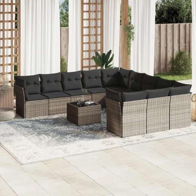 vidaXL 12-delige Loungeset met kussens poly rattan lichtgrijs grijs, foto 2