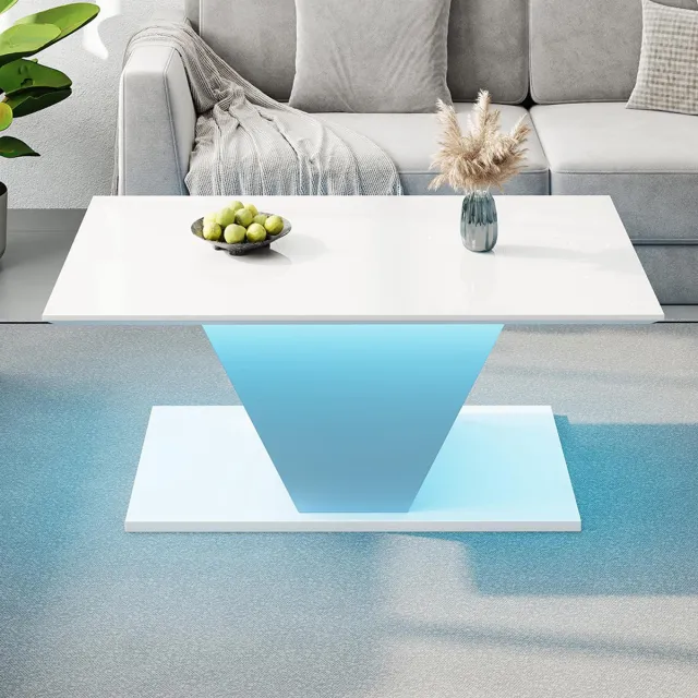 KOMHTOM Salontafel - 100x50x46 cm - Speciale V-vorm - LED-verlichting - Glanzend - Bijzettafel - Geschikt voor kleine ruimtes - Wit