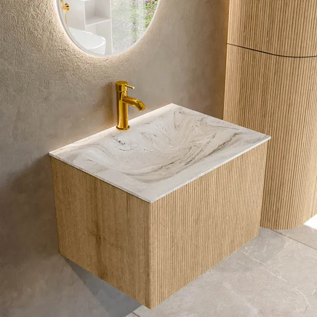 Mondiaz KURVE-DLUX 60 cm Onderkast Greeploos 1 Lade Zonder Deuren Oak, Wastafel Solid Surface Midden Glace 1 Kraangat Zonder Spiegel (KRVCLO601L0D1KM-Oak/Gla)
