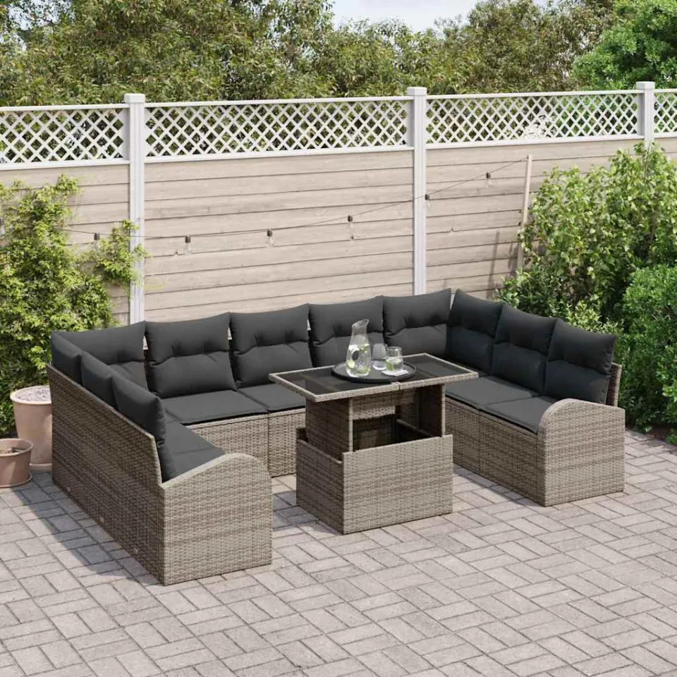 vidaXL Tuin Sofa Set 10 st Grijs Poly riet, foto 3