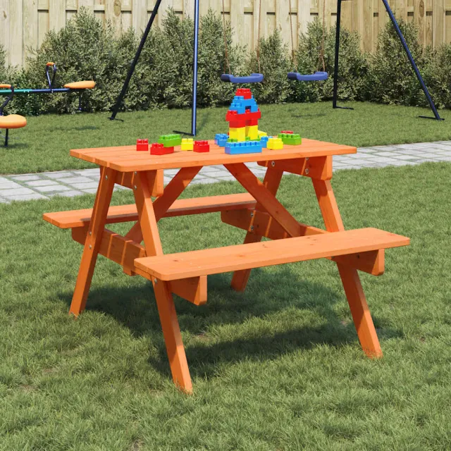 vidaXL Picknicktafel voor 4 kinderen met parasolgat massief vurenhout bruin, foto 2