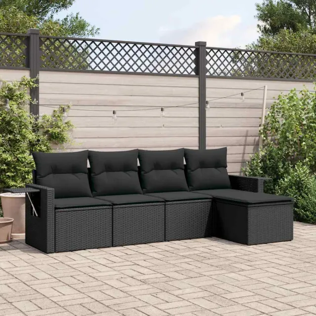 vidaXL 5-delige Loungeset met kussens poly rattan zwart, foto 2