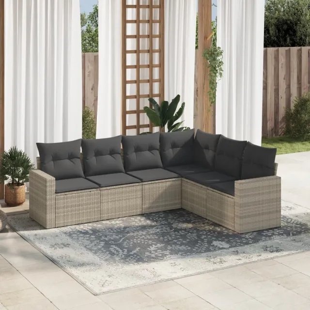 vidaXL 6-delige Loungeset met kussens poly rattan lichtgrijs grijs
