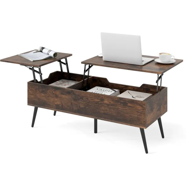Costway Salontafel in hoogte verstelbaar, woonkamertafel met opklapbaar tafelblad en 2 verborgen opbergvakken, bijzettafel hout, banktafel voor woonkamer, kantoor, 111 x 48 x 40-53,5 cm (bruin)