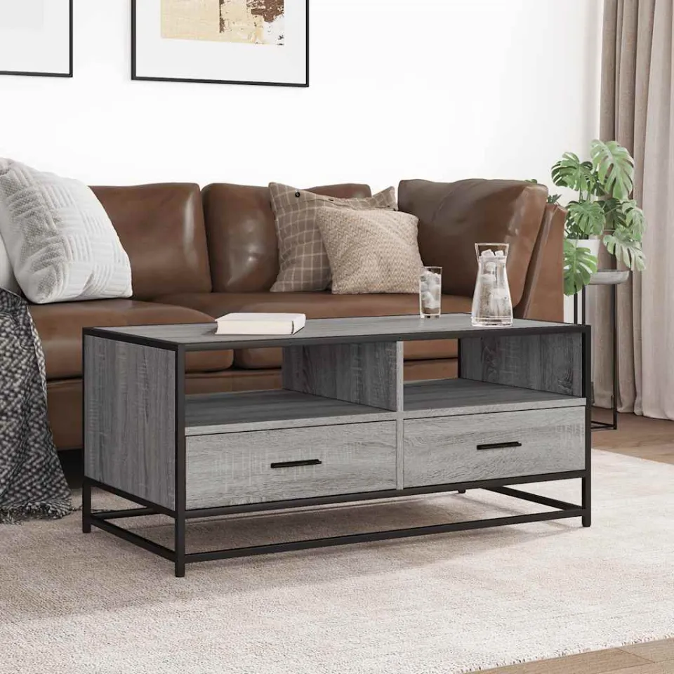 vidaXL Salontafel 100x50x45 cm bewerkt hout en metaal grijs sonoma, foto 3