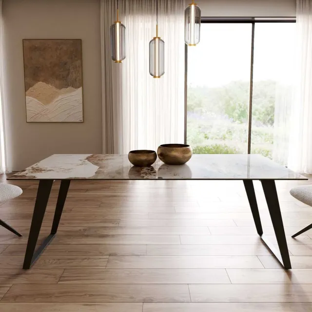 DELIFE Eetkamertafel Edge keramiek Minas Melange wit-beige 200x100 metaal schuin zwart Weiß-Beige