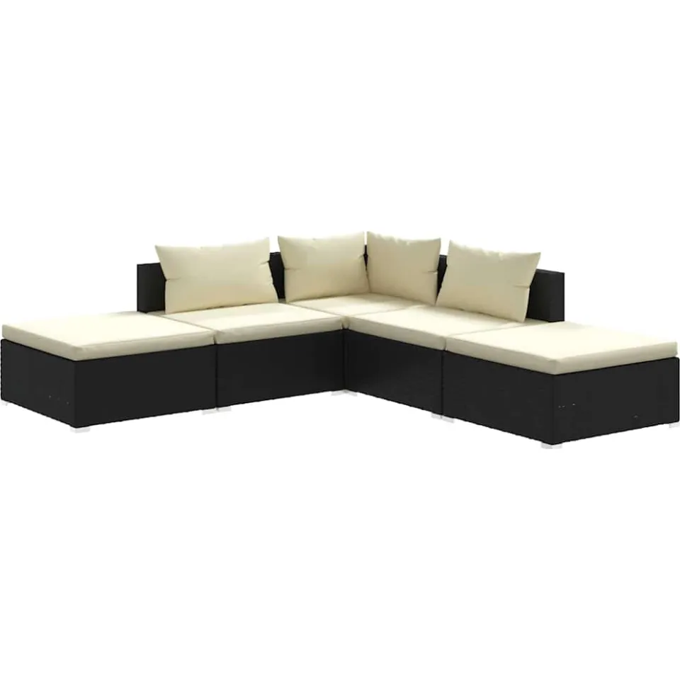 vidaXL 5-delige Loungeset met kussens poly rattan zwart